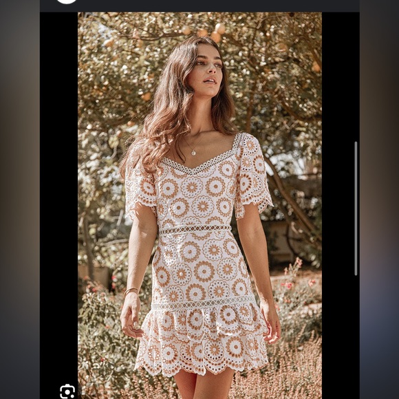 SAYLOR Dresses & Skirts - SAYLOR White & Tan Crochet Lace Mini Dress